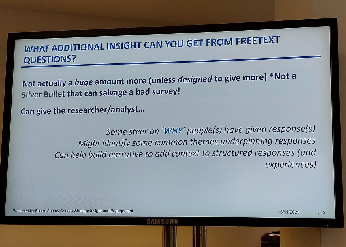juliet_w's tweet image. 'Not a silver bulllet that can salvage a bad survey'! Excellent presentation from Stephen Simpkin of Essex County Council at the LARIA/LGA event for researchers, about getting value from free text in surveys. #laria2023 #research @Essex_CC