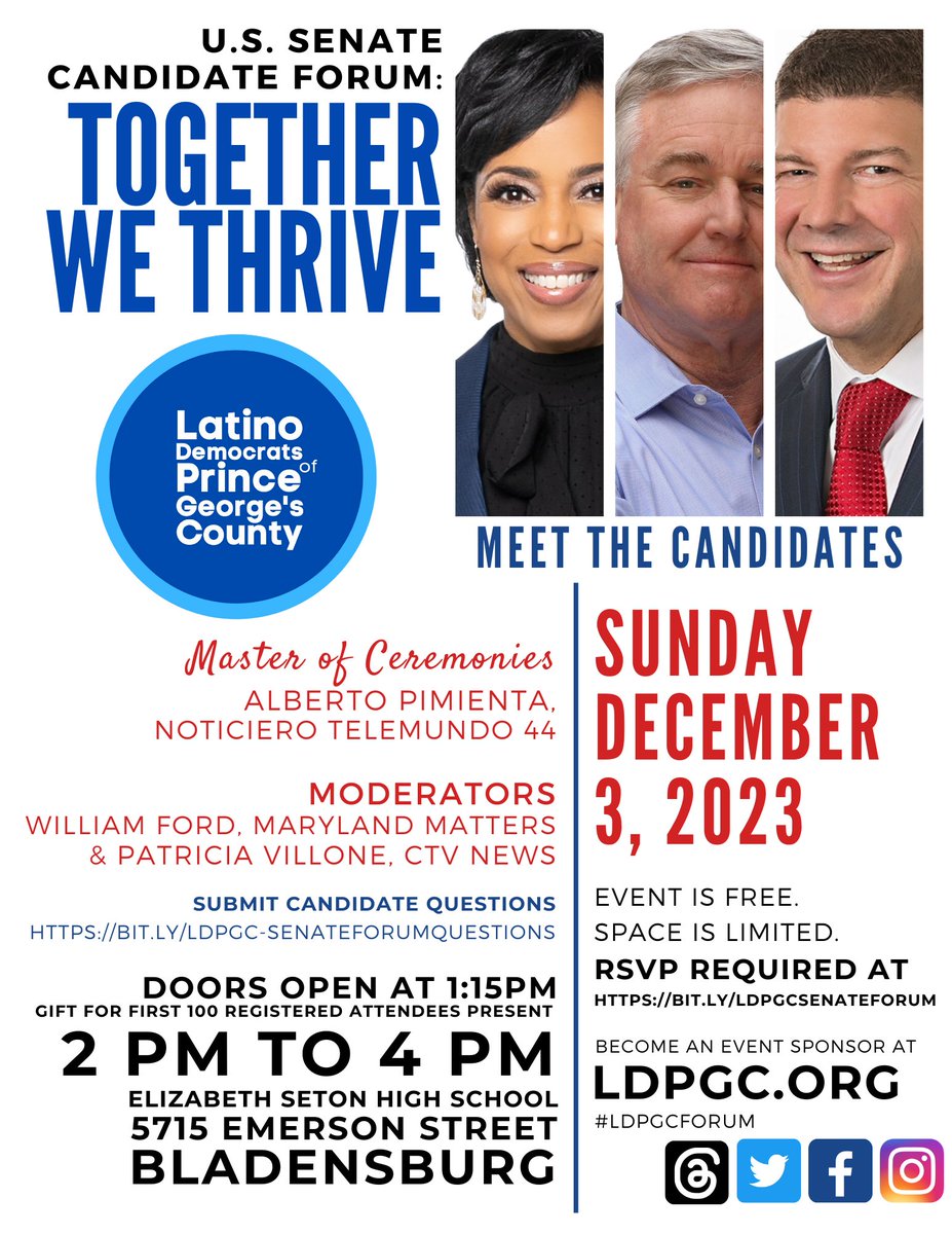Join the #LDPGC for our U.S. Senate Candidate Forum: Together We Thrive. View, download, &amp; share our event flyer: bit.ly/LDGPCForumFlyer Registration required: bit.ly/LDPGCSenateFor… #LDPGCForum #MDpolitics #MDdems #Latino #Latinx