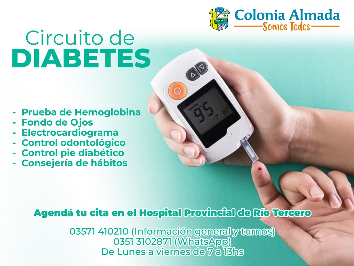 🩸Circuito completo de estudios para control de Diabetes 🩸

➡️Solicitar turnos al Hospital Provincial de Río Tercero.

☎️03571 410210 (Información general y turnos).
📱0351 3102871 (WhatsApp).

📌De lunes a viernes de 7 a 13 hs.