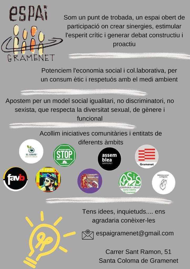 No ens coneixeu en ara?
Estem a #Gramenet
#debat #igualtat #feminisme #diversitat #autogestio #entitats #justiciasocial #consumetic #lluitasocial #consumagroecologic #consumproximitat #parlemcatala #viscacatalunya #medicinanatural #llibres #bibliotecasocial