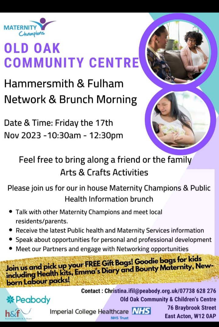 Come along tomorrow morning for brunch and to find out more about winter activities in Hammersmith and Fulham!

Arts and crafts/baby corner

family-friendly event

Old oak Community Centre W12 0AP

10:30am - 12:30pm ❤️💜💖