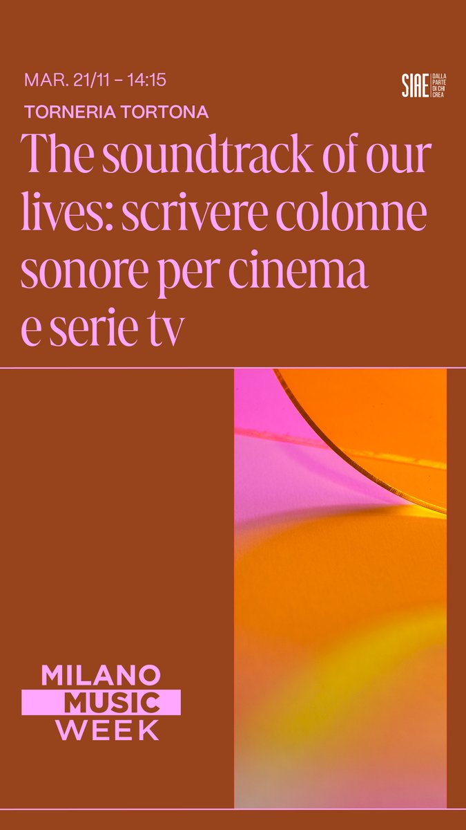SIAE_Official's tweet photo. Sempre martedi 21, a partire dalle 14.15, presso Torneria Tortona, tre incontri organizzati da #SIAE dedicati alle colonne sonore, al nuovo ruolo dei producer e alle opportunità di @YouTube per i songwriter, con l'intervento di @LyorCohen.
@milanomusicweek https://t.co/KyYNG6PTRS https://t.co/40qmyNHsHP
