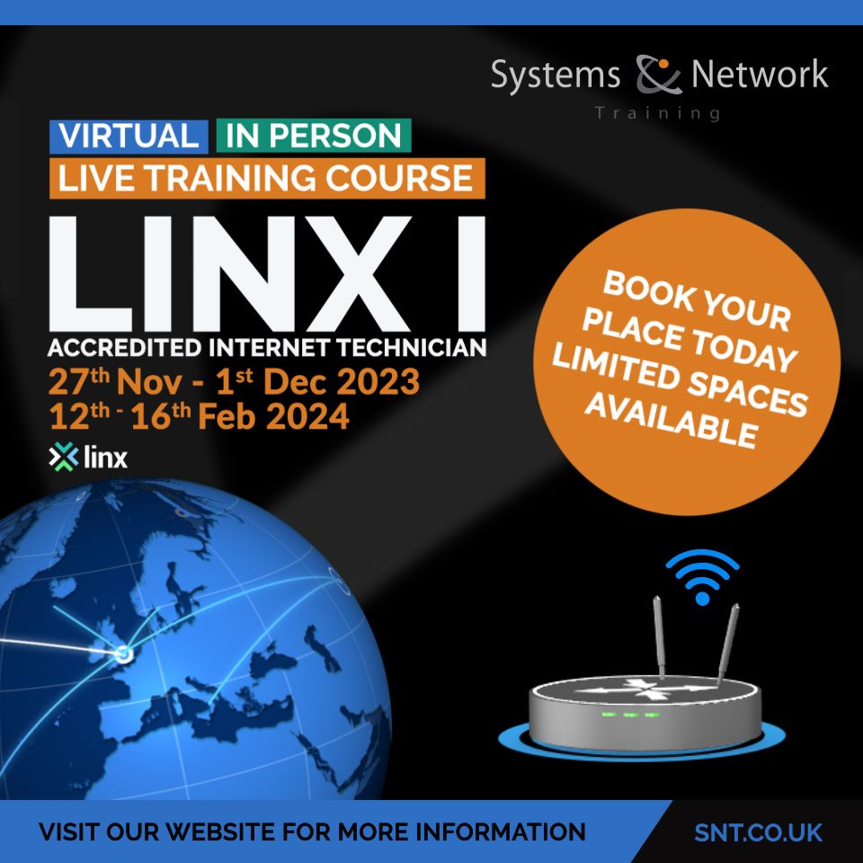 SNTcourses's tweet photo. Learn with LINX and gain the LINX Accredited Internet Technician qualification - last call for our 27 November course.
#LINX #Training #SystemsAndNetworkTraining https://t.co/hfoEwVyeNi