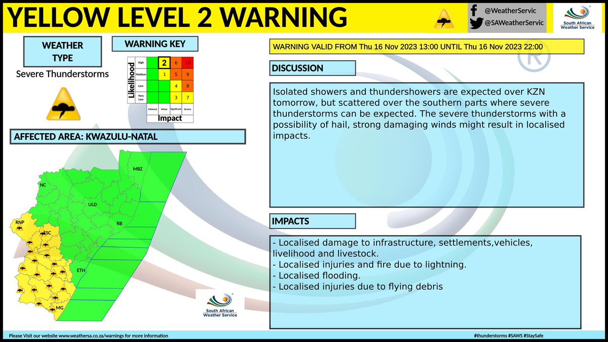 kzngov's tweet photo. ⚠️Yellow level 2 warning for severe thunderstorms.
Impacts: localised flooding, damaging winds and hail. 
Valid until 22:00 SAST. #BeDisasterWise https://t.co/kO3Ro8Ydta