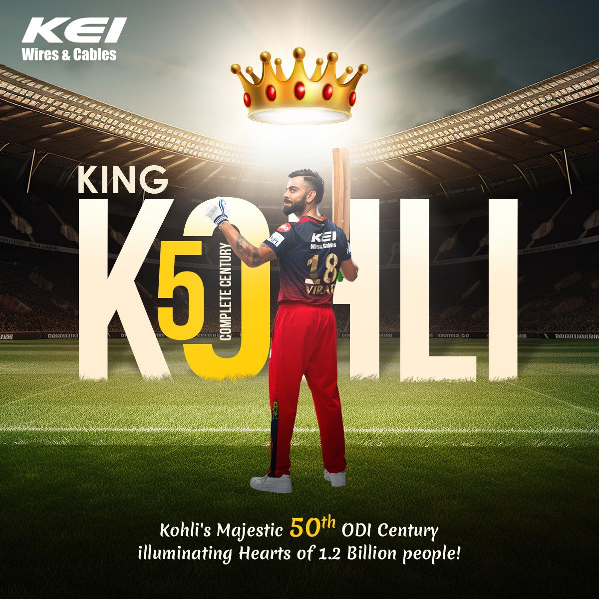 keicable's tweet photo. Congratulations to King Kohli for a smashing 50th ODI century proving he's always wired for victory. 🔥👑
#KingKohli𓃵 #viratkohli #WorldCup2023 #TeamIndia #CricketFever #LetsCheer #LifeKaBiggestGame #kingkohli #Bleedblue #worldcup #victory #rcbfans #cricket #kei https://t.co/rxI5J3xQxa