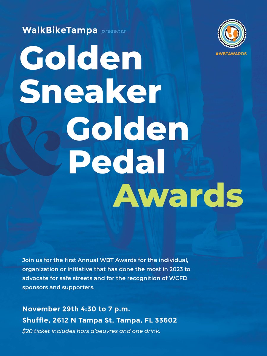See the individual (or organization) who has contributed the most to make Tampa safer! Join us for the Golden Sneaker and Golden Pedal Awards! RSVP here on Eventbrite: eventbrite.com/e/walk-bike-ta…
