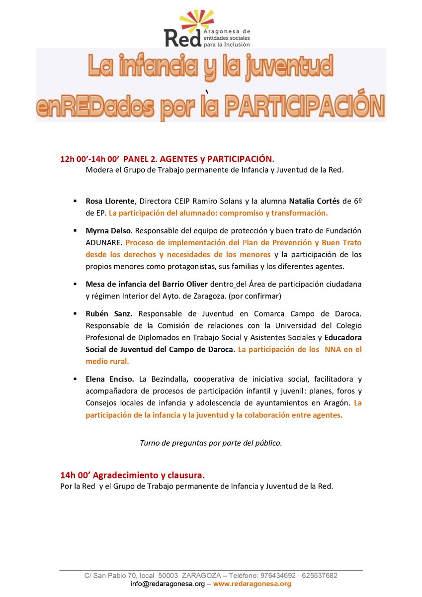 Redaragonesa's tweet photo. La @Redaragonesa celebra el #DíaDeLosDerechosDeLaInfancia con la jornada "La Infancia y la Juventud enREDados por la Participación". Todavía existen personas que ven vulnerados sus derechos. El 26,2% de los menores aragoneses, se encuentran en riesgo de pobreza o exclusión social https://t.co/mx7Fz620l9