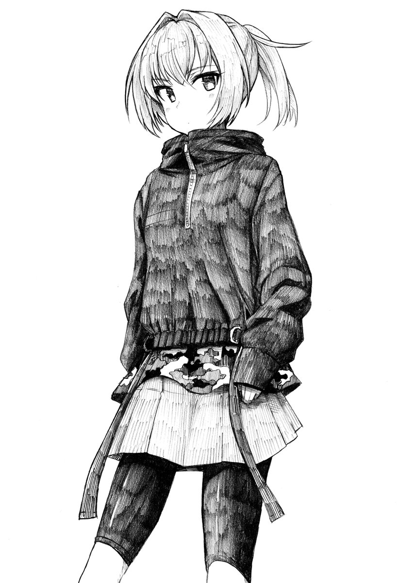 shiranui (kancolle) 1girl solo greyscale monochrome skirt ponytail pleated skirt  illustration images