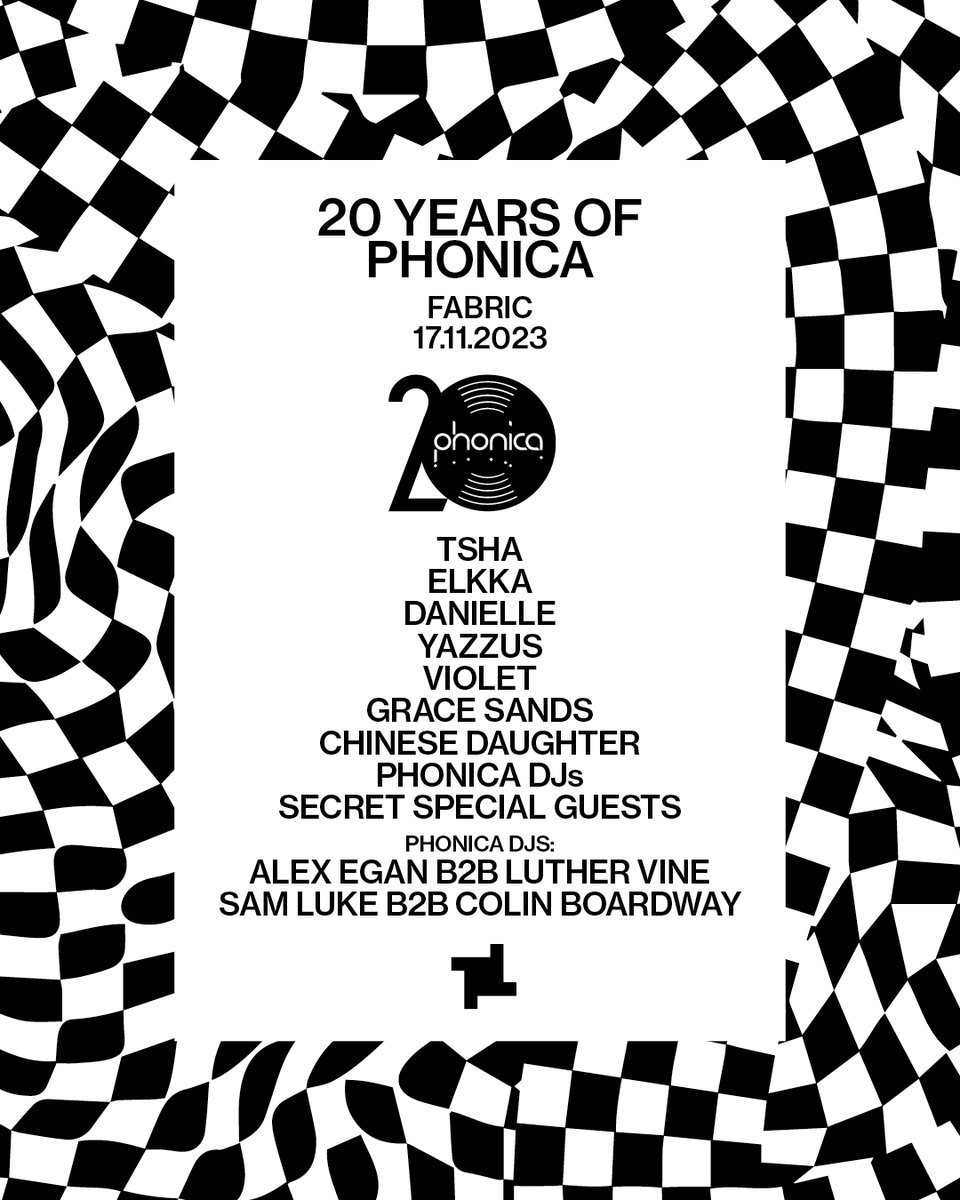 We are very excited to see you all down at EC1 this Friday! 20 Years Of Phonica x @fabriclondon W/ Tsha, Elkka, Danielle, Yazzus, Violet, Grace Sands, Chinese Daughter and our own Alex Egan b2b Luther Vine & Sam Luke b2b Colin Boardway! Tickets here: ra.co/events/1747757
