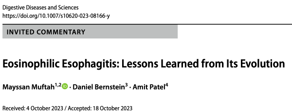 Congrats to @MayssanMuftah @BrighamGI & D Bernstein @Duke_GI_ on invited commentary @DDS_Journal on EoE Evolution based on @UNCGastro data: 🚩We must improve diagnostic delay 🚩Low threshold for esoph biopsies 🚩Biopsy at food impaction 🚩Phenotyping EoE link.springer.com/epdf/10.1007/s…