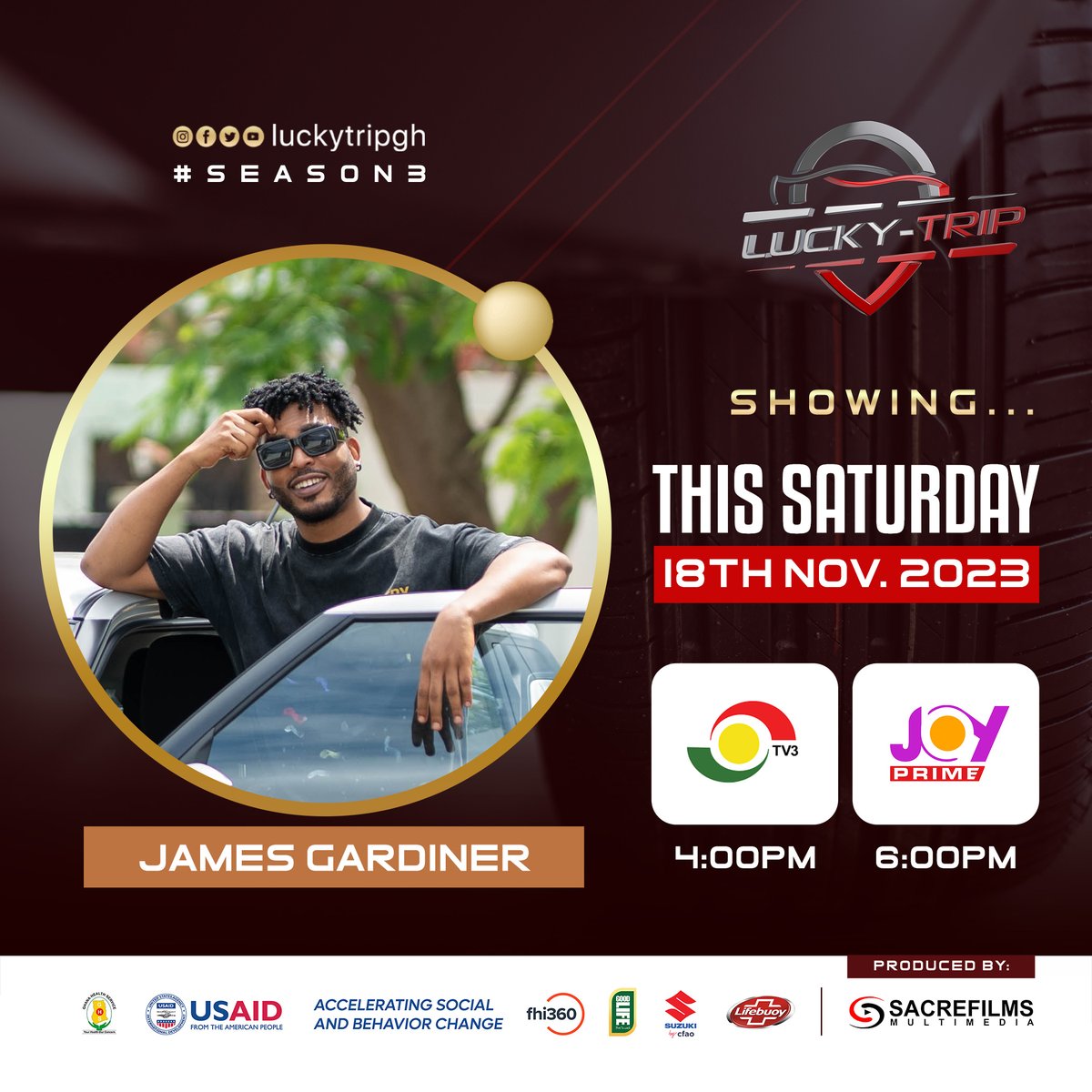 LuckyTripGh's tweet photo. 🎉 Get set for a #weekend thrill! 📷 This Saturday, Nov 18th, don't miss Episode 13 of LuckyTrip Season 3! 📷@JamesGardinerGH, for an unforgettable ride at 4 PM on @tv3_ghana and 6 PM on @joyprimetv.  #LuckyTripS3 #LuckTripGh https://t.co/ZWyvEQ6Ibt