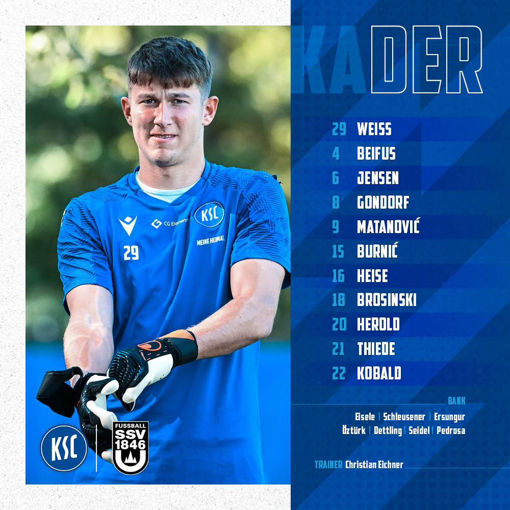 📋 Mit diesen Jungs starten wir in den Test gegen Ulm. ⬇️ Besonders schön zu sehen: Christoph Kobald steht wieder auf dem Platz! Willkommen zurück, Kobi! 💙 🤍 #KSCmeineHeimat #KSCSSV