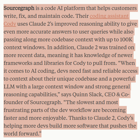 ibm2100's tweet image. When it comes to AI coding, devs need fast and reliable access to context about their unique codebase and a powerful LLM with a large context window and strong general reasoning capabilities

- Quinn Slack, CEO cofounder #Sourcegraph

anthropic.com/index/claude-2

#golang #javascript