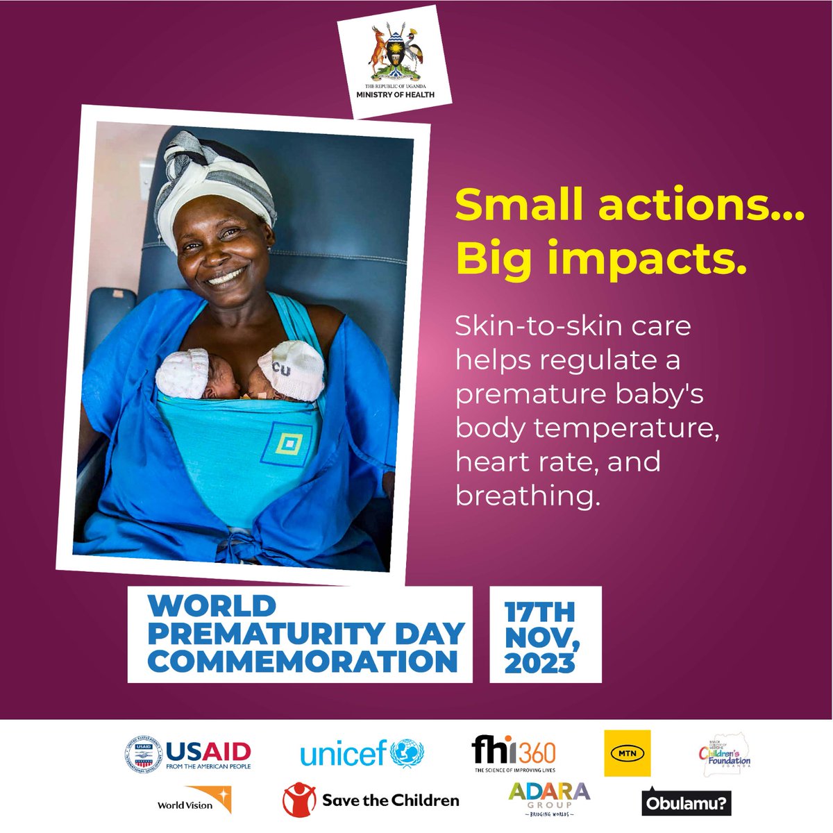 MinofHealthUG's tweet photo. Skin-to-skin care regulates a premature baby's body temperature, heart rate and breathing. Embrace skin to skin care for your premature baby and save them. #WorldPrematurityDay2023 https://t.co/3bWR6pHfE6