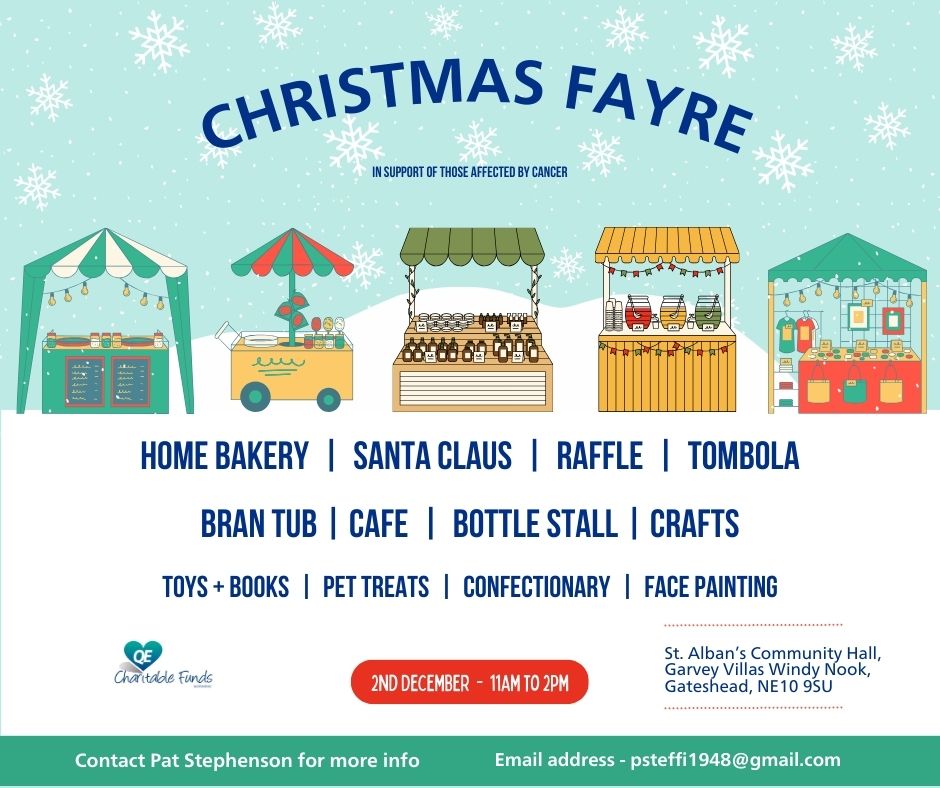 A Christmas fayre has been arranged by a QE Charitable Funds fundraiser to support those affected by cancer. The fayre will be on the 2 December from 11am to 2pm with lots of activities to check out. 

Follow the JustGiving link below for more info: 👇
justgiving.com/fundraising/pa…