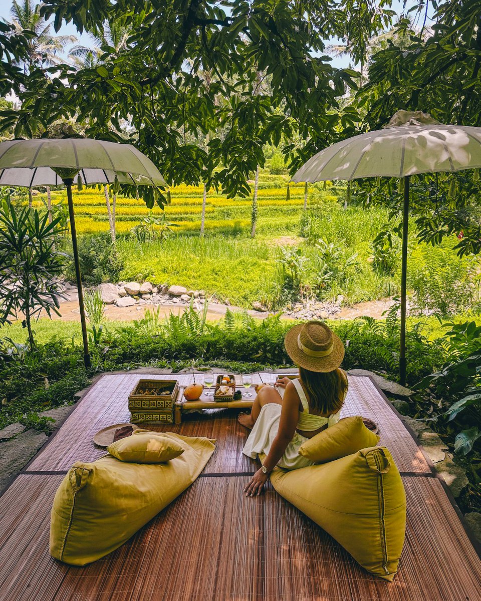 FSBali's tweet image. Find yourself here in cool leaf-dappled shade with soaring views while our chef cooks up a Balinese picnic including satays, calamari, salads and iced dessert. A true feast of nature and local flavours. 📸: @sunny_rung #experienceFS #UbudBali #PrivateDining