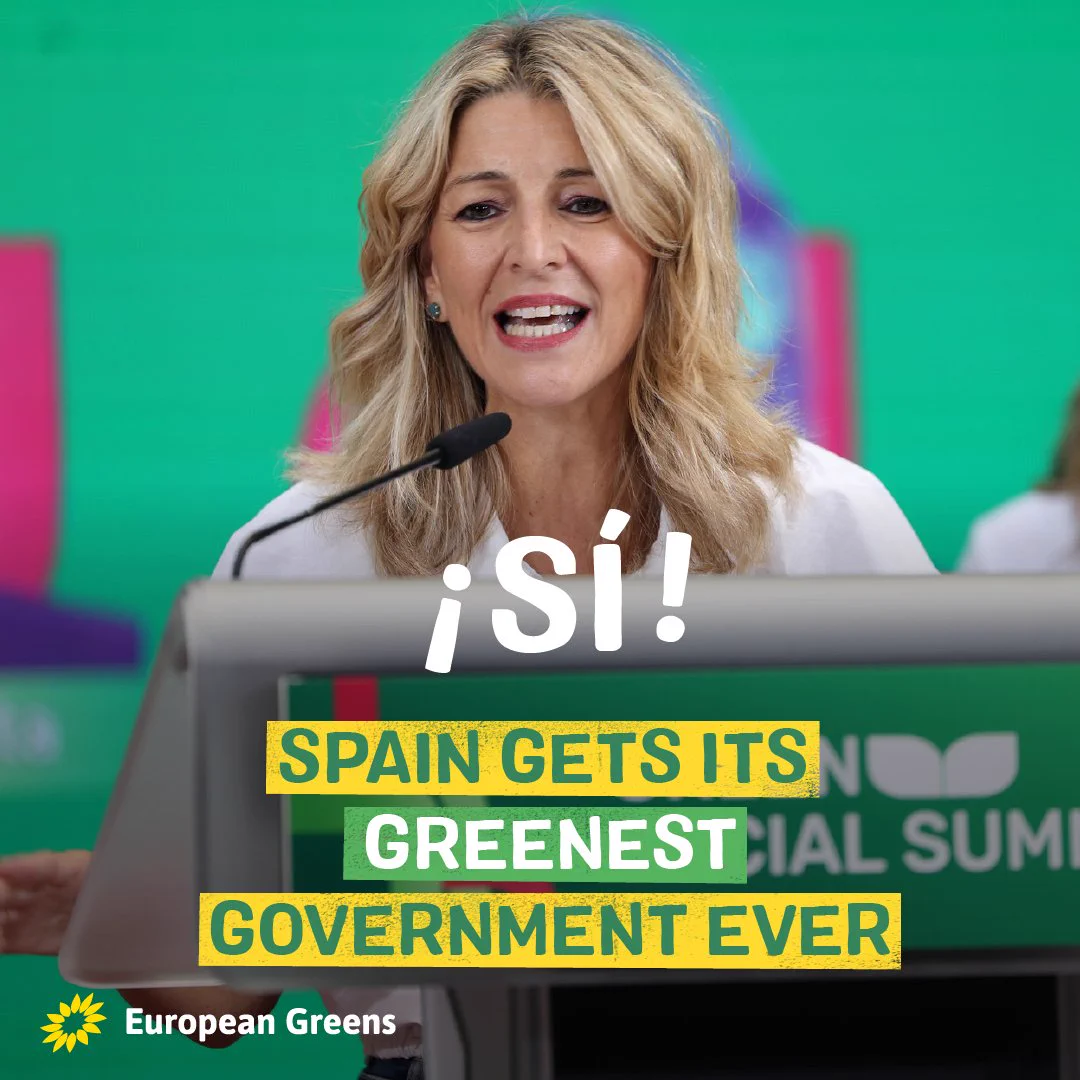 Image of Yolanda Diaz at the Green Social Summit. Text reads: "SI! Spain gets its Greenest government ever"