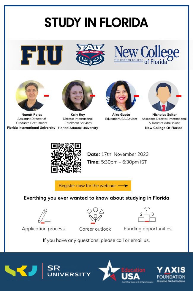 sr_university's tweet photo. Join our STUDY IN FLORIDA webinar this Friday, Nov 17, 5:30-6:30 PM. Chat with university reps and gear up for success!
Registration link: https://t.co/TQKfkn6oEy
#SRU #SRUniversity #Btech #StudyInFlorida #WebinarAlert #UniversityRepresentatives https://t.co/svcB7QnuuX