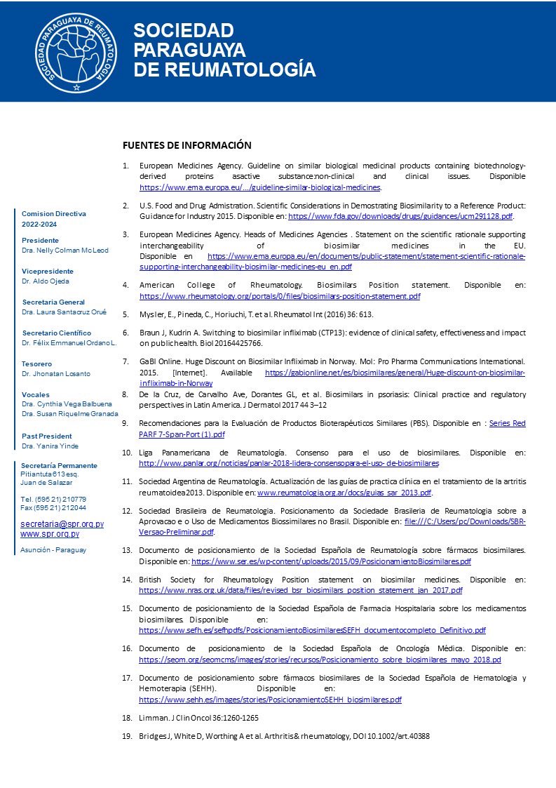 COMUNICADO DE LA SOCIEDAD PARAGUAYA DE REUMATOLOGÍA REFERENTE A TERAPIAS BIOLÓGICAS Y BIOSIMILARES EN REUMATOLOGÍA. Noviembre 2023
