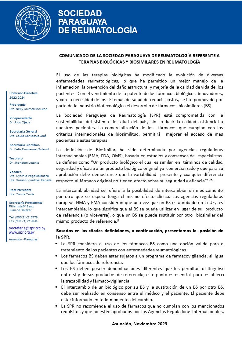 SocPyaReumato's tweet photo. COMUNICADO DE LA SOCIEDAD PARAGUAYA DE REUMATOLOGÍA REFERENTE A TERAPIAS BIOLÓGICAS Y BIOSIMILARES EN REUMATOLOGÍA. Noviembre 2023 https://t.co/eCHmleEn3F