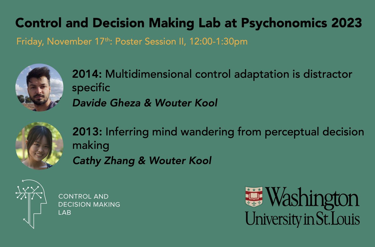 Come say hi to the CDML at #psynom23! Check out posters by <a href="/TheaZalabak/">thea zalabak</a>, <a href="/LTreiman/">Lauren Treiman</a>, <a href="/DavideGhez/">davideghez.bsky.social</a>, <a href="/CathyZhangKQ/">Cathy Zhang</a>, and <a href="/wouterkool/">Wouter Kool</a> at Poster Session I today at 6pm, Poster Session II tomorrow at 12pm, and Poster Session III tomorrow at 6pm! <a href="/Psychonomic_Soc/">Psychonomic Society</a>