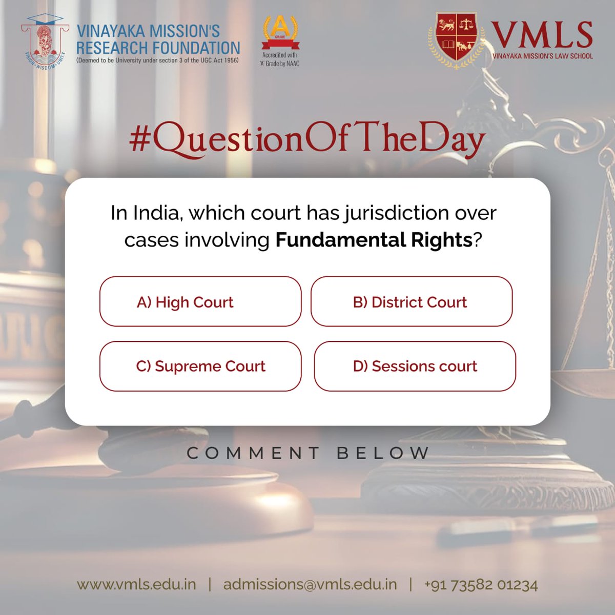 In India, which court has jurisdiction over cases involving fundamental rights?

#QOTD #QuestionOfTheDay #DailyQuestion #InquiryInsights #curiositycornerrep
#AskTheAudience #ThoughtfulQueries #MindfulInterrogations #vmls