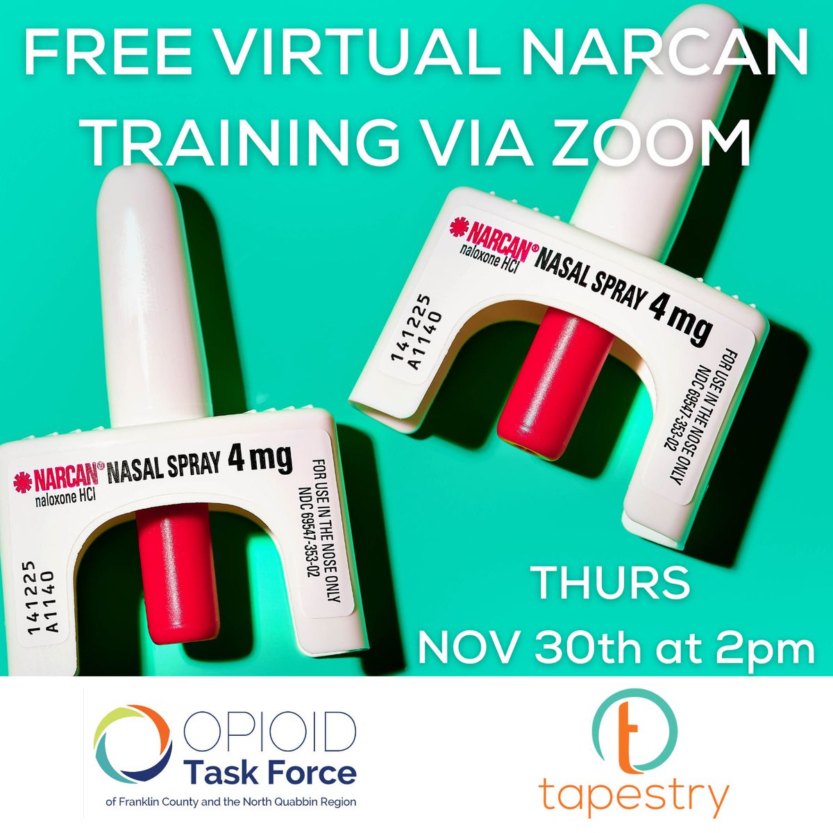 TapestryWMass's tweet image. Learning how to use Narcan can help save lives in your community! Sign up for these FREE virtual Narcan training on Zoom! tinyurl.com/bdecvf5p  #narcansaveslives #harmreductionworks