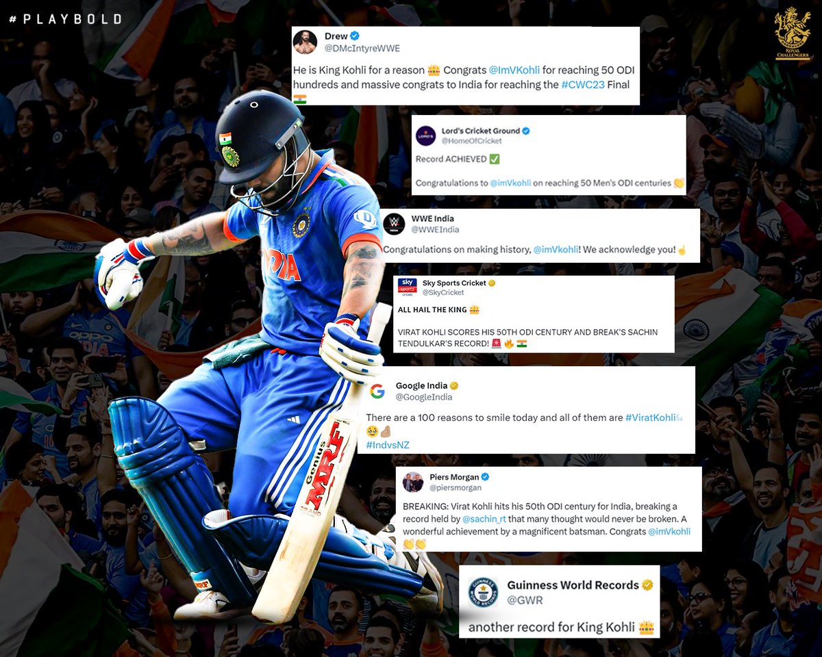 King Kohli: The global icon 👑🌍

A look at some of the Worldwide appreciation for Virat's record breaking 5️⃣0⃣th ODI century! 👏

#PlayBold #INDvNZ #CWC23 #TeamIndia #ViratKohli
