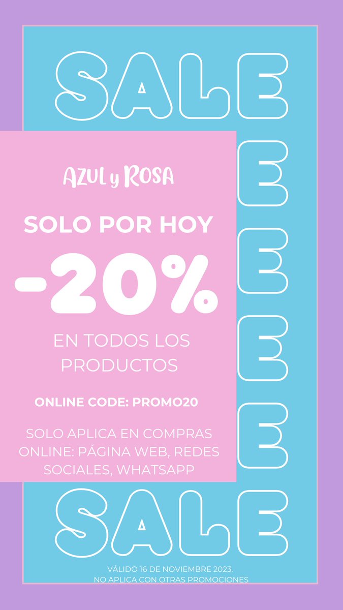 azulyrosapty's tweet photo. SOLO POR HOY 16 de noviembre. 20% de descuento en todos los productos aplicando el código PROMO20. Aplica sólo en compras Online. https://t.co/rdxqqlIdr5 o contáctanos ➡️ https://t.co/EnRvzgr1z7 https://t.co/8pqEUvKHxr