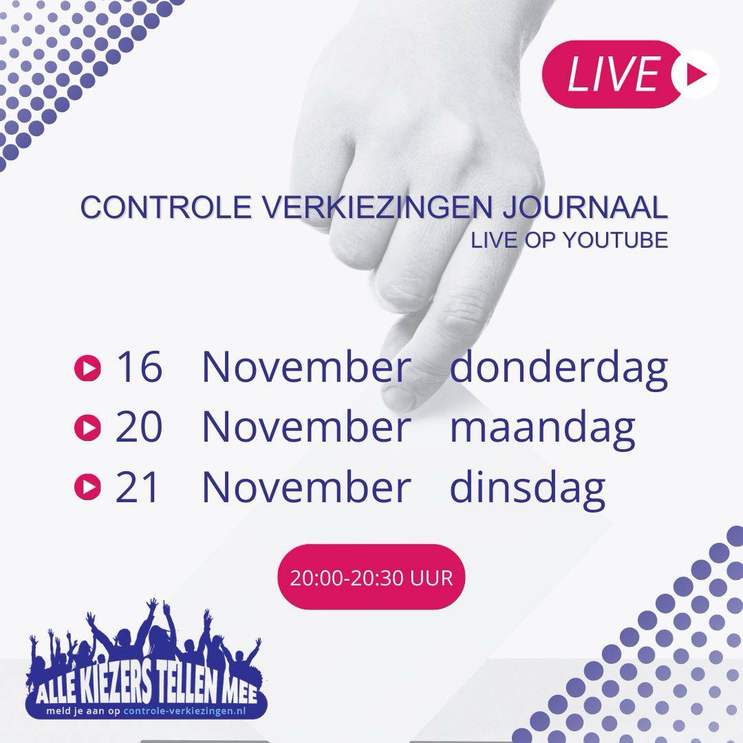 ControleVerkiez's tweet photo. Controle Verkiezingen Journaal - Vanavond om 20:00 uur!

Heb je prangende vragen of wil je meer weten over de lopende zaken rondom verkiezingen? Dit is je kans! Tijdens de uitzending is er weer gelegenheid om live vragen te stellen. https://t.co/4ZlvGZtpB3
#ControleVerkiezingen https://t.co/clwpGUbIWs
