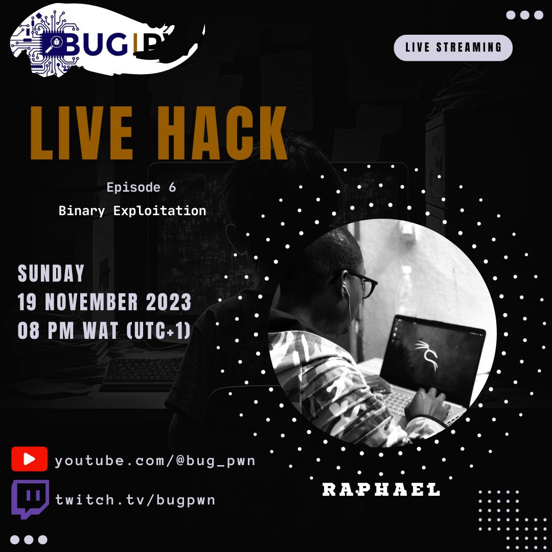 bug_pwn's tweet image. LiveHack ✨

Episode 6 : Binary Exploitation 

Time Zone : West Africa Time (UTC+1)

Hacker : @AkaffouModeste 

#LiveHack #bugpwn #Hacking