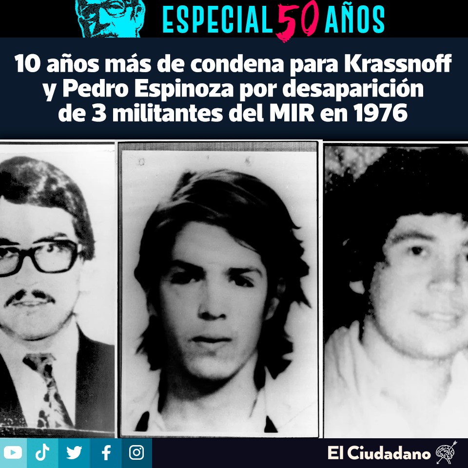 Óscar Dante Valdivia González, Rodrigo Alejandro Medina Hernández y Luis Hernán Núñez Rojas (en la foto, en ese orden), fueron detenidos en mayo de 1976, en Santiago. Hasta hoy se desconoce su paradero.

Puedes leer más👉 bitly.ws/32usJ

#Memoria50años #golpedeestado