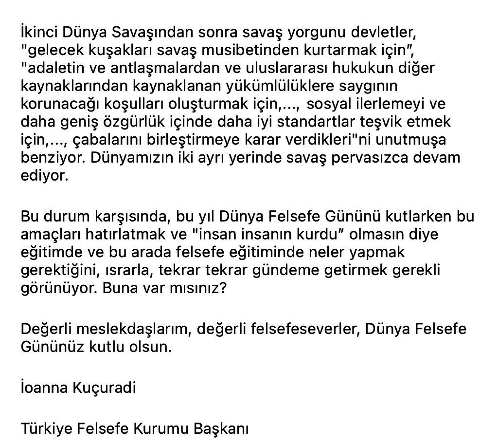 Felsefe’nin kıymetinin bilindiği güzel geleceğe..

Günümüz kutlu olsun.

<a href="/TRFelsefeKurumu/">Türkiye Felsefe Kurumu</a>
#DünyaFelsefeGünüKutluOlsun