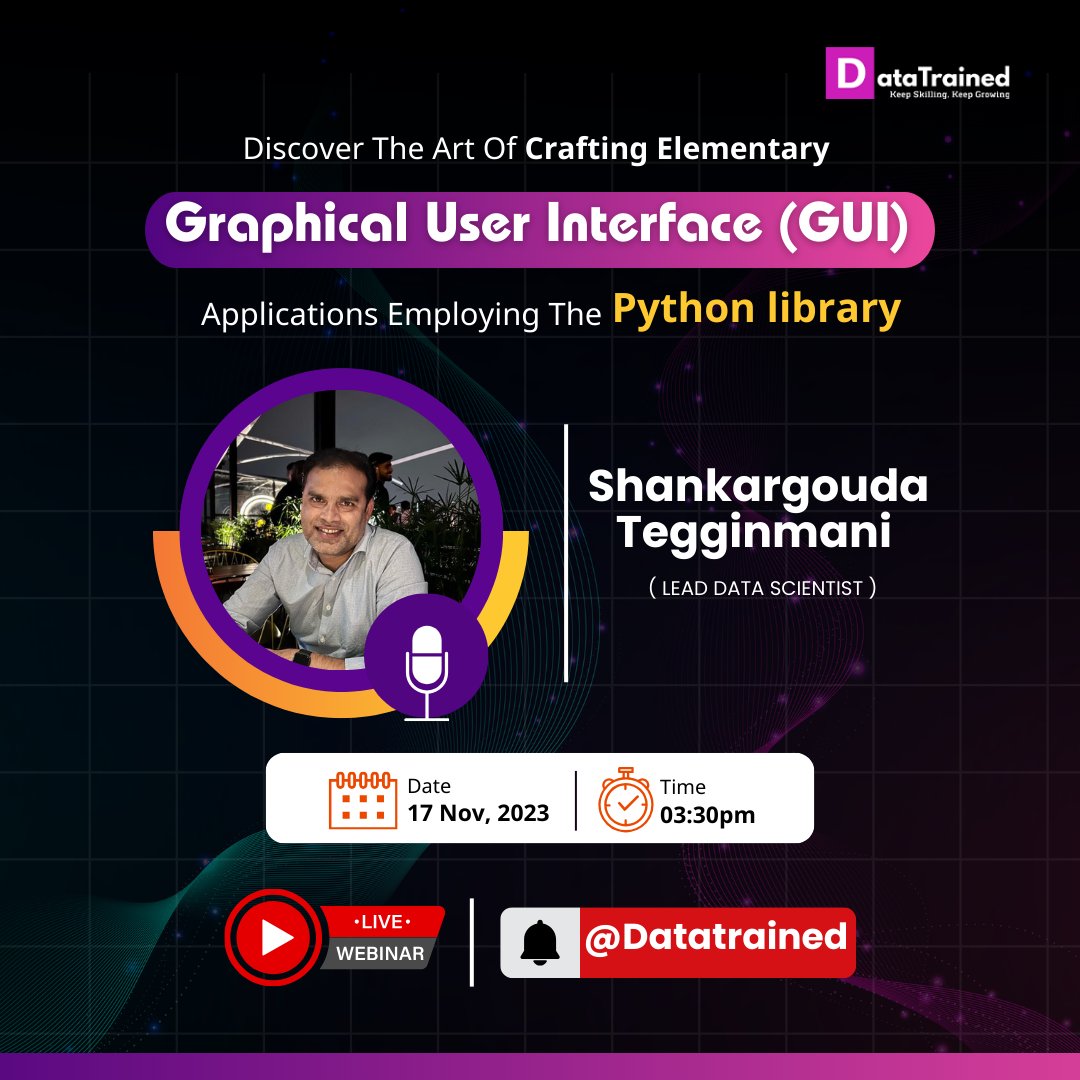 data_trained's tweet image. 📢Join us tomorrow, November 17, 2023, at 3:30 PM for an exciting webinar on "Discovering the Art of Crafting Elementary Graphical User Interface (GUI) Applications with Python!"
➡️➡️Webinar Link: rb.gy/m9x0r5
#Python #GUIDevelopment #Webinar #CodingCommunity