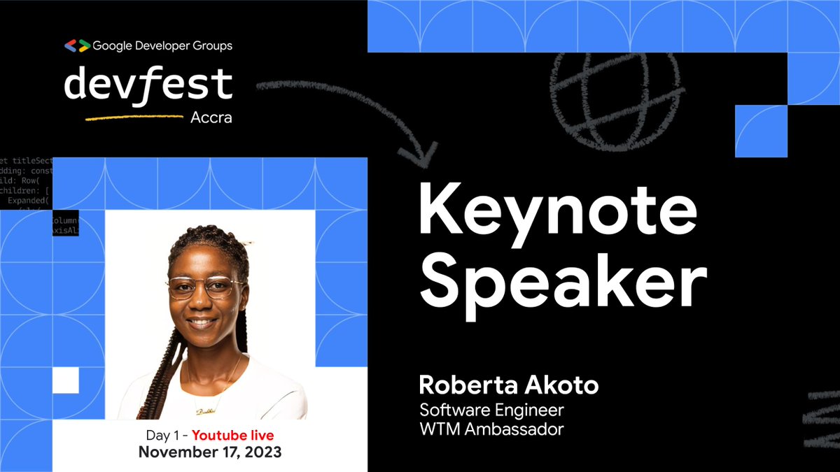 GDGAccra's tweet photo. #DevFestAccra Day 1 virtual event starts tomorrow and we can't wait to have you join via YouTube live: https://t.co/zsRumF04st.

Introducing our keynote speaker for the virtual event tomorrow, @robbieakoto (WTM Ambassador). https://t.co/qTY8dNzjW4
