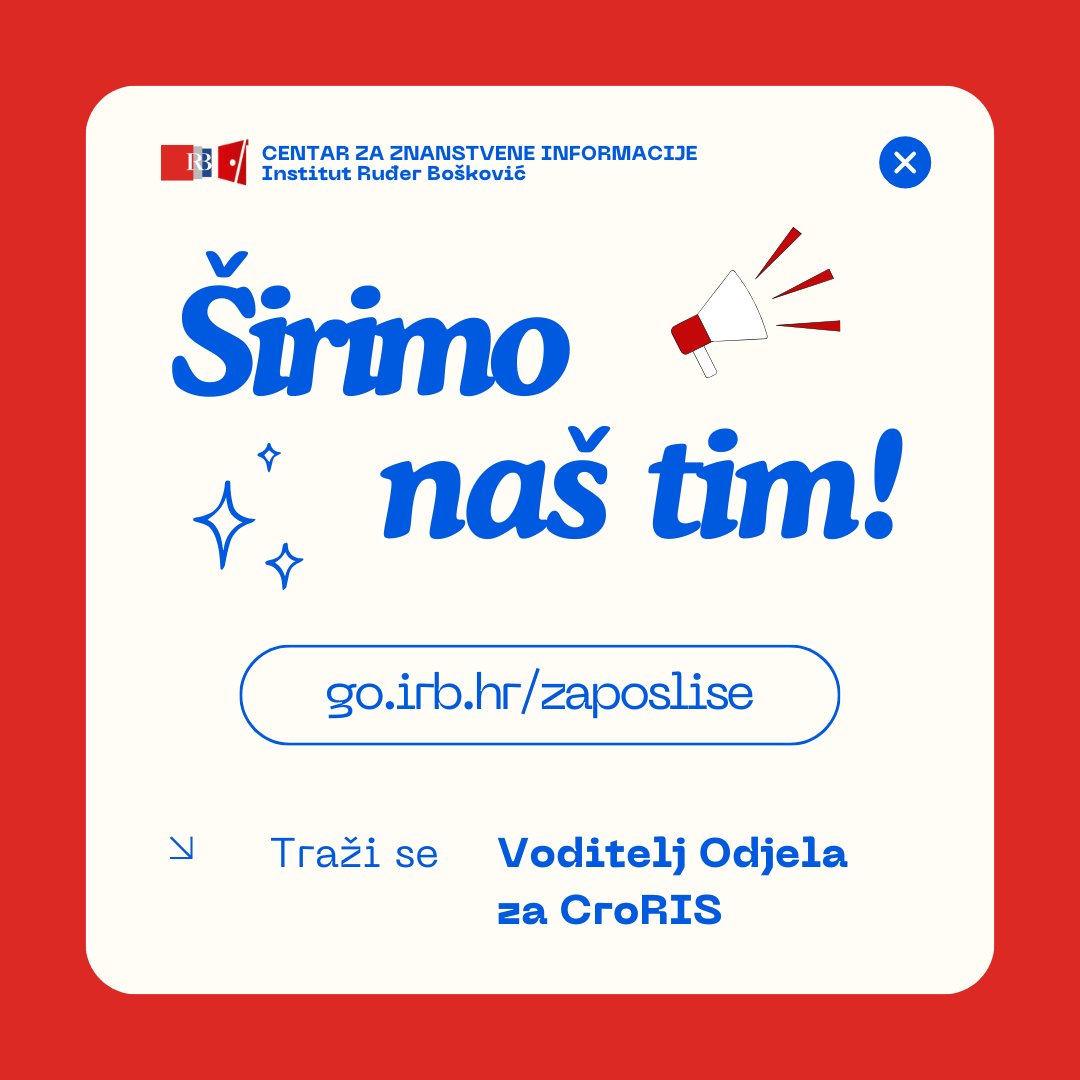 irblibrary's tweet photo. [📣WANTED📣] We are currently looking for a Head of Department for CroRIS. You might be the missing piece of the puzzle in our team!🧩 Check the requirements at https://t.co/5VbvYsxKly and send in your application by November 30th. ⏳ https://t.co/qnTvL65dj8