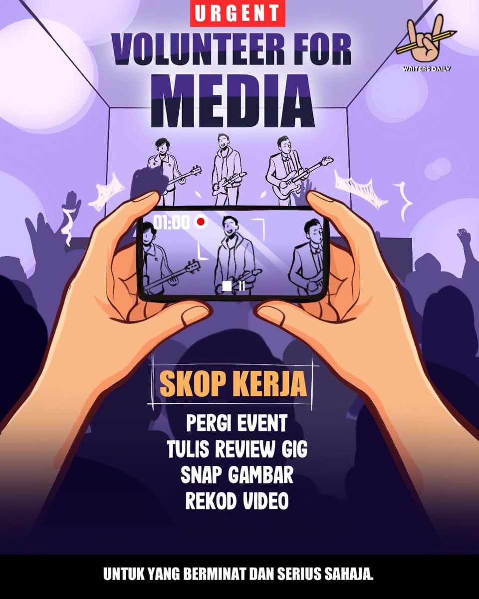 Kami memerlukan volunteer yg serius untuk jadi media.

Ada byk gig/konsert yg perlu dicover dan boleh dijadikan sebagai resume anda.

RT dan DM jika berminat!