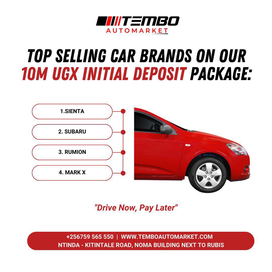 With just an initial deposit of UGX 10M drive your dream car today from @temboautomarket as you pay the balance mpola mpola in monthly installments for 2 years 

Check out the top selling car brands now 
#TemboHotDeals | #DriveNow