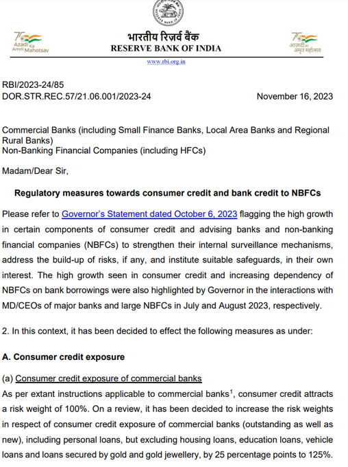 AdityaD_Shah's tweet photo. 🚨Had warned multiple times on unsecured retail credit👇

RBI comes and now checks the banks

ICICI Bank:-
We pulled back on 50,000cr worth of unsecured loans

HDFC Bank 
We are careful with unsecured retail credit

Bajaj Finance:-
We are careful about mispriced loans in unsecured space

RBI Governor:-
There is a bubble in unsecured retail credit

But,
Small banks and NBFCs keep growing at a very fast space in unsecured retail credit!

The next waive of NPAs will come from
Unsecured retail loans i.e. personal loans and credit cards

RBI Acts now:-
🏦Consumer credit by banks and NBFCs to attract 125% risk weight, from 100% previously
🏦Credit card loans by banks to attract 150% risk weight from 125% previously
🏦Credit card loans by NBFCs to attract 125% risk weight from 100% previously

This means that RBI is saying unsecured are even more riskier.
The capital that the bank will have to set aside every time they give out loans is higher now.

This is negative for all risk-taking NBFCs and Banks
This is positive for all Risk Averse NBFCs and Banks

Kudos to the RBI for making sure to check the bubble in the unsecured space
