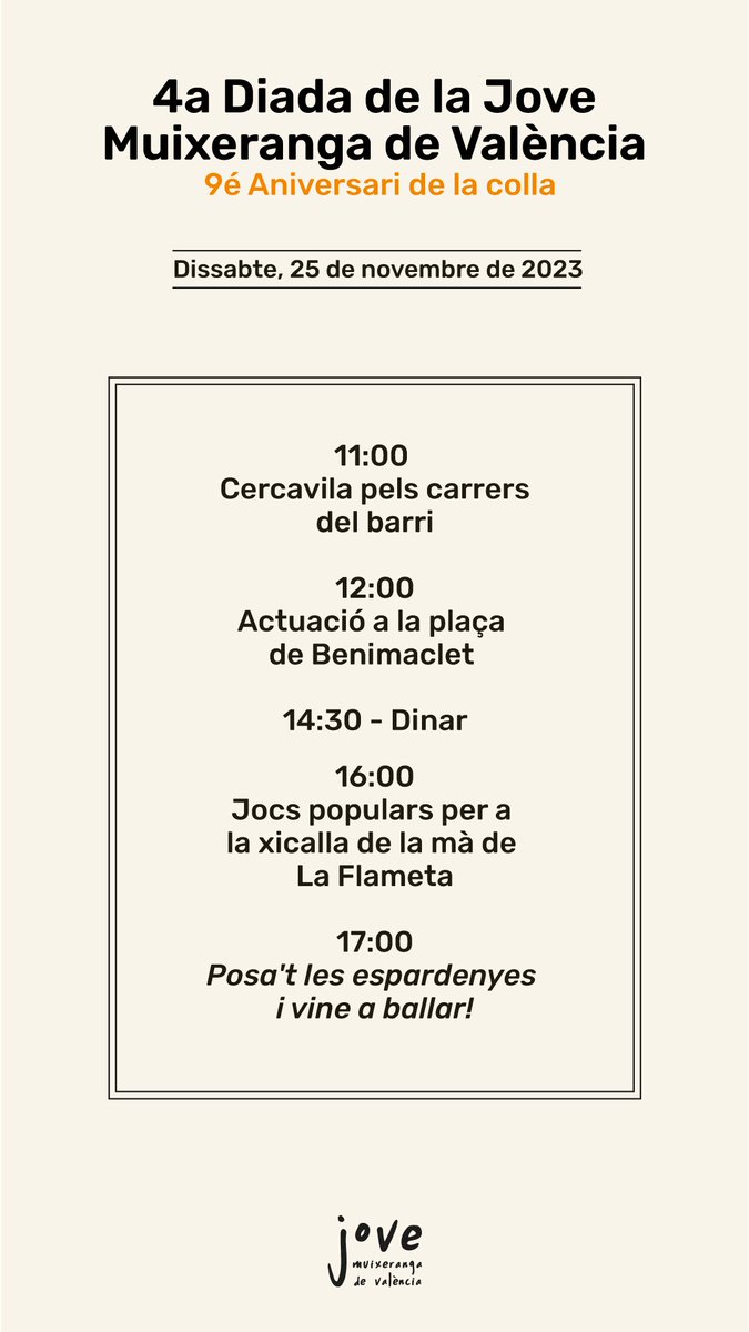 ✨Quina il·lusió anunciar la 4a Diada de la Jove Muixeranga de València.
🎉 Enguany fem 9 anys!
👀Convidem 🤍 La Muixeranga dels Ports ⛰
🥁 Ens acompanyarà la Colla Pepe Palau de Foios 🎶🎶🎶🎶
📅  25 de novembre a les 10:30 al Cau Muixeranguer de València!
#TotesALaDiada 🧡