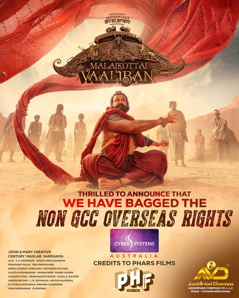 Bagged The Non GCC Oversease Rights by @cybersystemsaus & credits to @PharsFilm

Vaaliban is arriving in theatres worldwide on 25th January 2024!

#VaalibanOnJan25 #MalaikottaiVaaliban

#MalaikottaiVaaliban #Mohanlal #LijoJosePellisery #ShibuBabyJohn #CenturyFilms