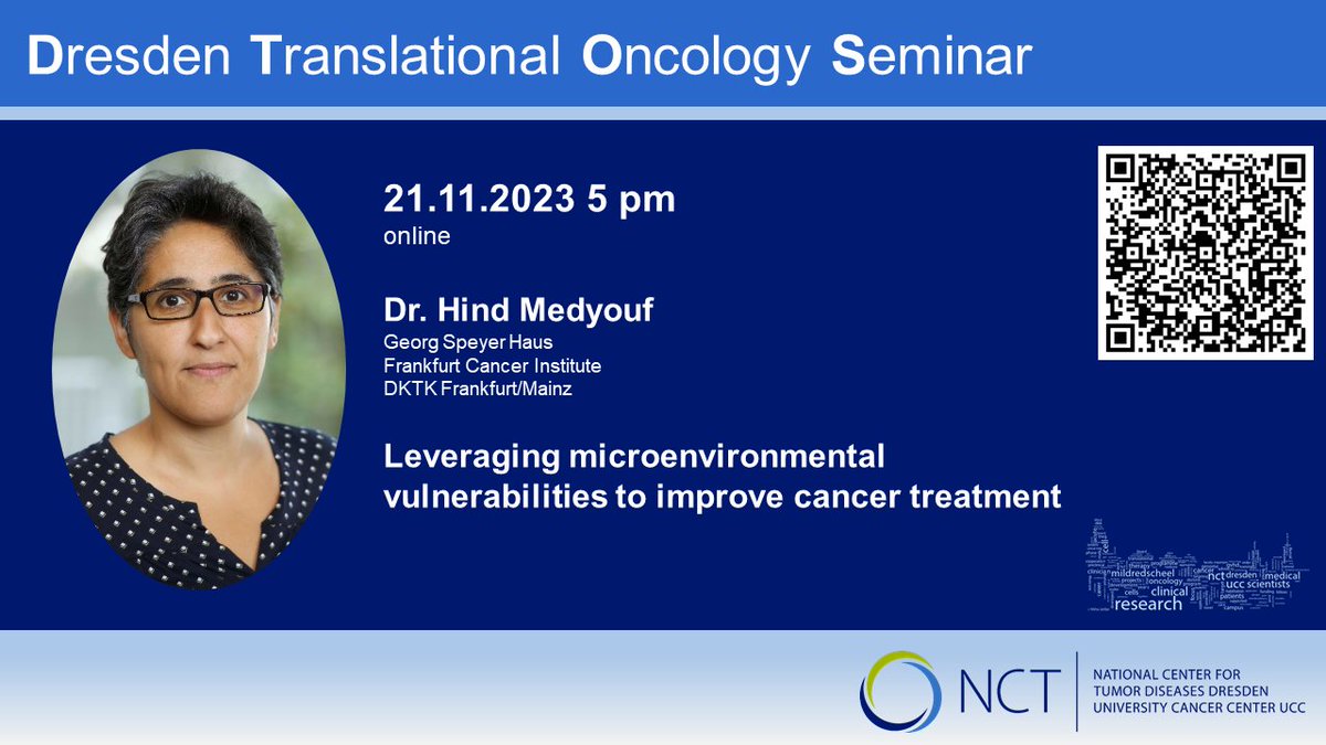 21.11. at 5 pm – Seminar #MSNZ #NCTUCC: Dr. Hind Medyouf @Medyoufh speaks about “Leveraging microenvironmental vulnerabilities to improve cancer treatment”. ➡️ nct-dresden.de/das-nctucc-dre… @FCI_health @DKTK_ @tudresden_de @Medizin_TUD @dkfz