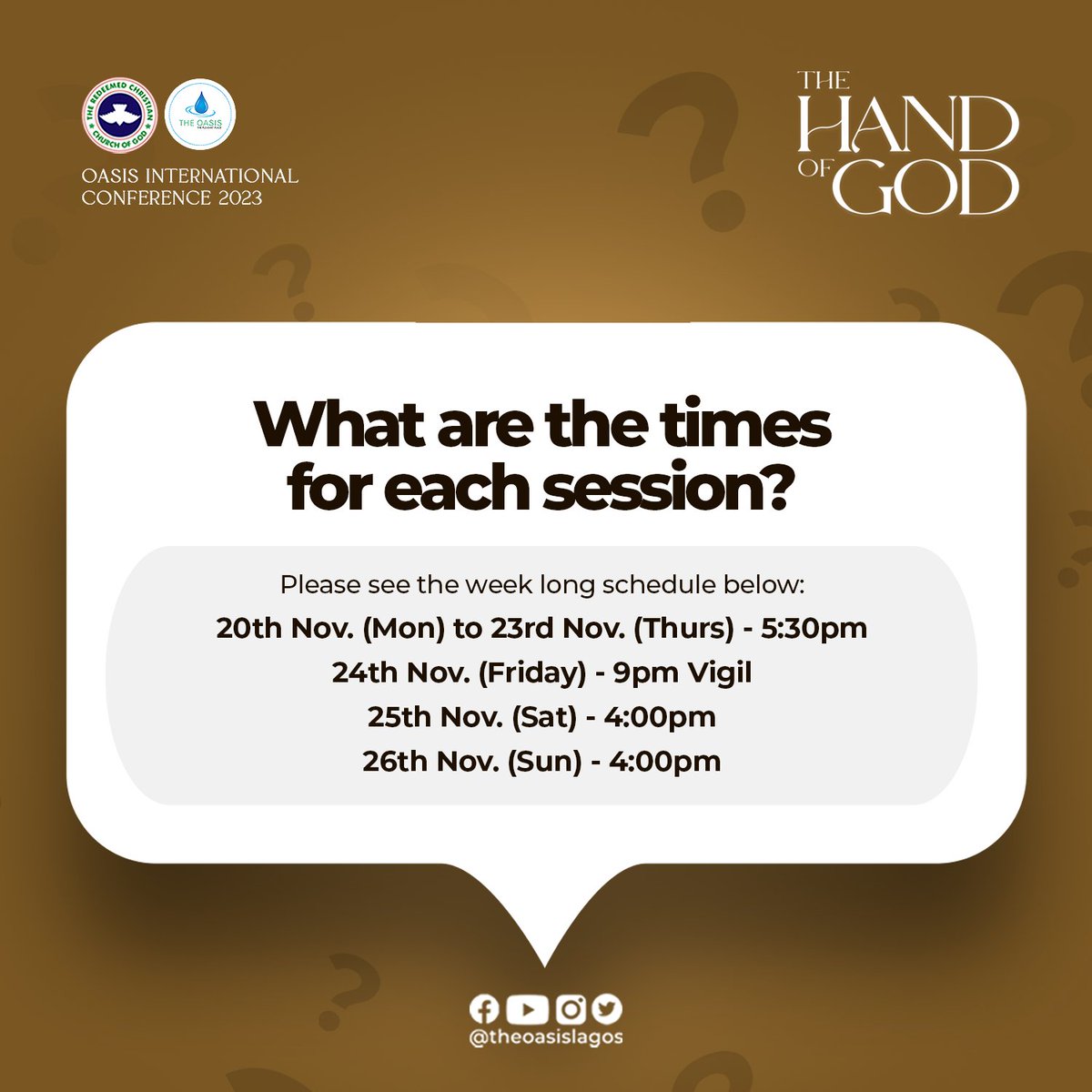 Got questions about The Oasis International Conference 2023 ❓🤔- We’ve got you covered! 🎉

Here are some FREQUENTLY ASKED QUESTIONS (FAQs) for OIC 2023. 📌

It’s 4 days to go. Get ready for an experience of a lifetime! 🔥💥⚡️

PRAY, PLAN AND PREPARE!

#TheOasisLagos #OIC2023