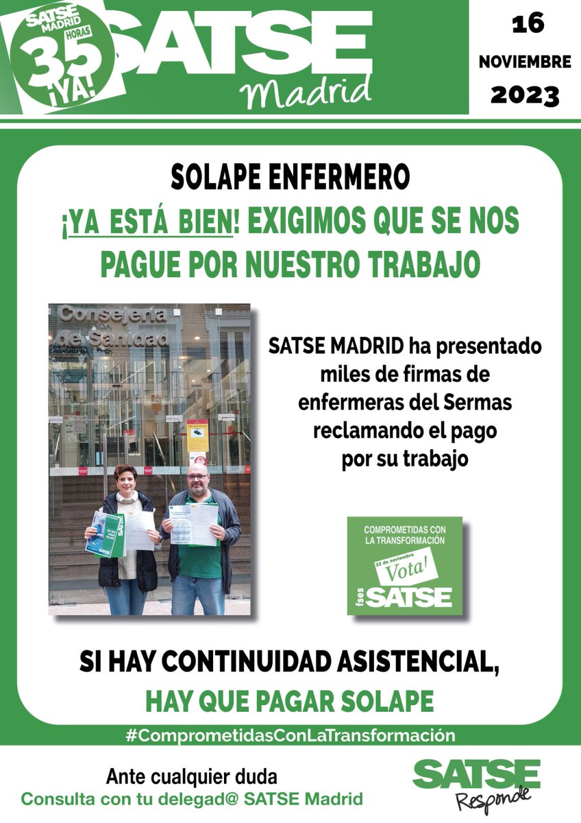 SATSE_Madrid's tweet photo. ¡¡El solape hay que pagarlo!!
Miles de enfermeras del Sermas se unen firmando nuestra petición para reclamarlo.
📢📢 NADIE trabaja gratis
#ComprometidasConLaTransformación https://t.co/OfmdLBsepN