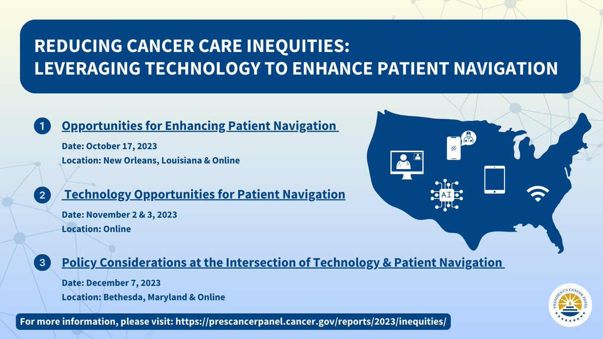 theNCI's tweet image. SAVE THE DATE! Join the @PresCancerPanel on December 7 to hear about gaps and opportunities related to the use of technology to support cancer #PatientNavigation. For more information, please visit: spr.ly/6019utWUN #Tech4CancerNavigation