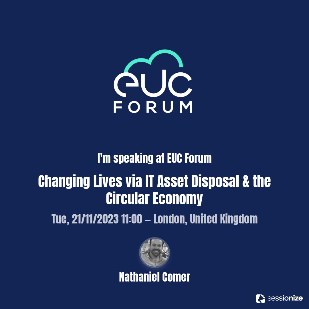 eucforumuk's tweet photo. Come along to the EUC Forum Meeting on the 21st of November to see Nathaniel Comer talk about Changing Lives via IT Asset Disposal &amp; the Circular Economy - Register here: https://t.co/KxtL1foX4k @NathanielComer https://t.co/M1BM6Hr7CO