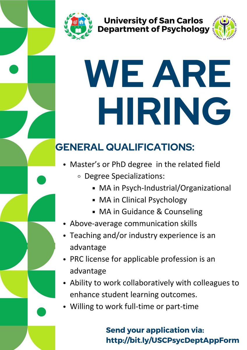 Exciting Opportunity Alert! 

Join the vibrant community at the Department of Psychology, @uscphilippines! We're on the lookout for passionate faculty members to elevate our team. 

Ready to make a difference? Apply now: bit.ly/USCPsycDeptApp…
#AcademicTwitter #hire  🌈🎓