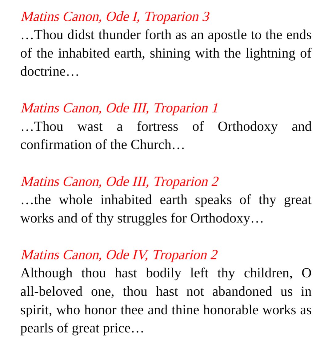 His writings are also praised more broadly, with allusions to his sermons for saints' feastdays, his works on monasticism and the good of marriage, and others. Here are some example hymns and excerpts: