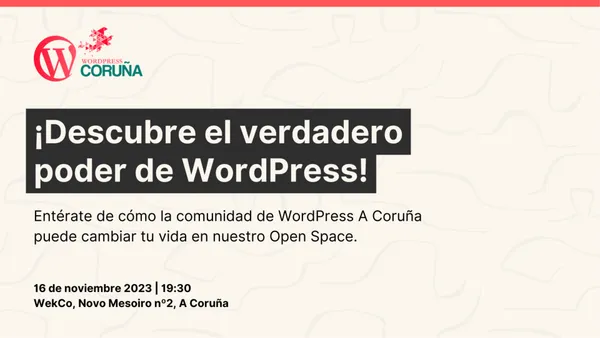 Hoy, en #WeKCo (Av. Novo Mesoiro, 2) de 19:30 a 21:00h tendremos un Open Space sobre el impacto que #WordPress ha tenido en nuestra vida y en la del resto de los asistentes. #coruña #coworking #wordpresscoruña 

¡Apúntate, solo tenemos 30 plazas!
🔗 meetup.com/es-ES/wordpres…