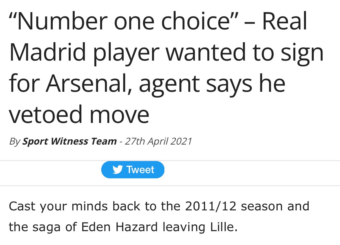 afcDW's tweet image. Huh. I wonder why Hazard’s agent vetoed a move to Arsenal when the player wanted to join. I guess we’ll never know.
